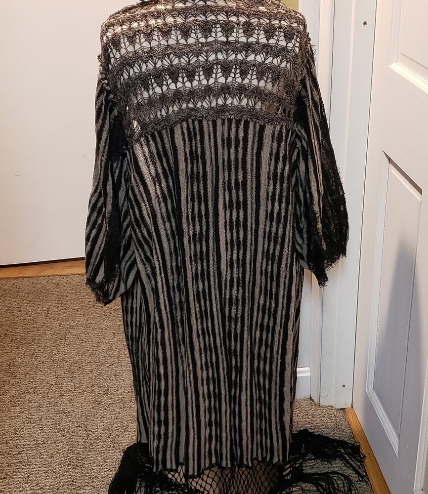 Free People Black and Cream Striped Fringe Kimono Cardigan - Picture 2 of 3